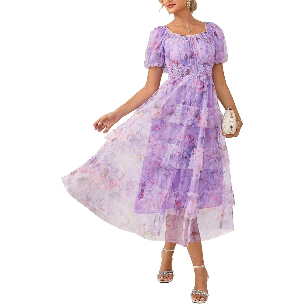 image:imageGRACE KARIN Summer Wedding Guest Causal Midi Floral Tulle DressPurple Pink