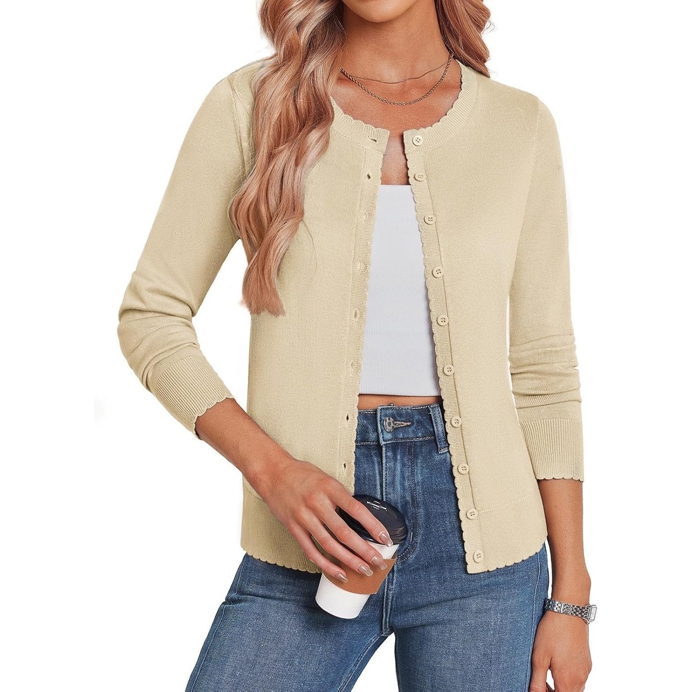 image:imageGRACE KARIN Women 2026 Lightweight Scalloped Knit Fall Cardigan SweatersApricot