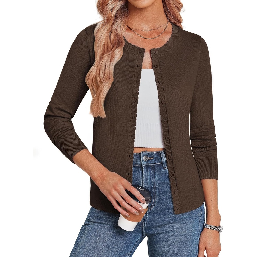 image:imageGRACE KARIN Women 2026 Lightweight Scalloped Knit Fall Cardigan SweatersDark Chocolate