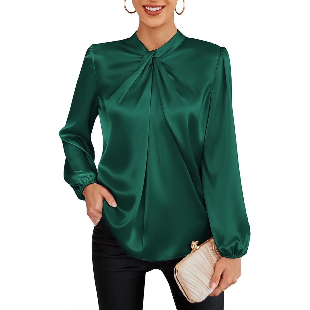 image:imageGRACE KARIN Women Business Casual Long Sleeve Satin BlouseDark Green