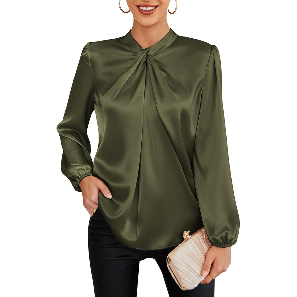 image:imageGRACE KARIN Women Business Casual Long Sleeve Satin BlouseOlive Green