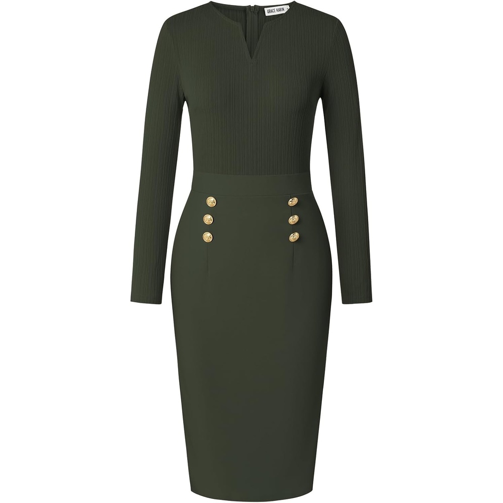 image:imageGRACE KARIN Womens 2026 Fall Long Sleeve Work Midi DressArmy Green