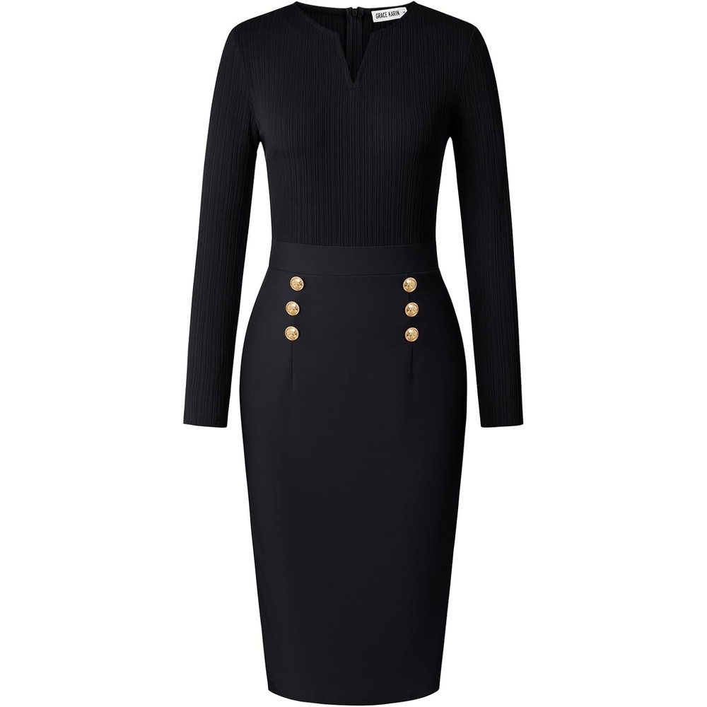 image:imageGRACE KARIN Womens 2026 Fall Long Sleeve Work Midi DressBlack
