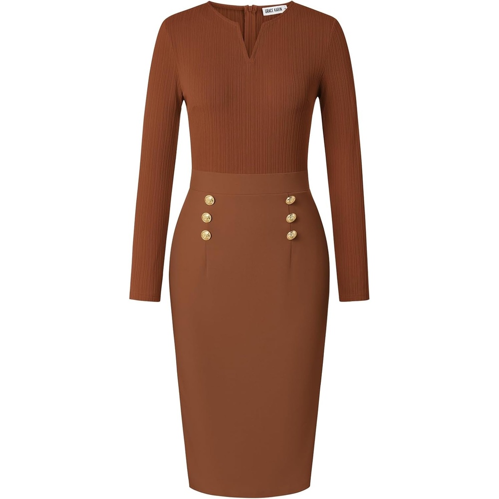 image:imageGRACE KARIN Womens 2026 Fall Long Sleeve Work Midi DressBrown
