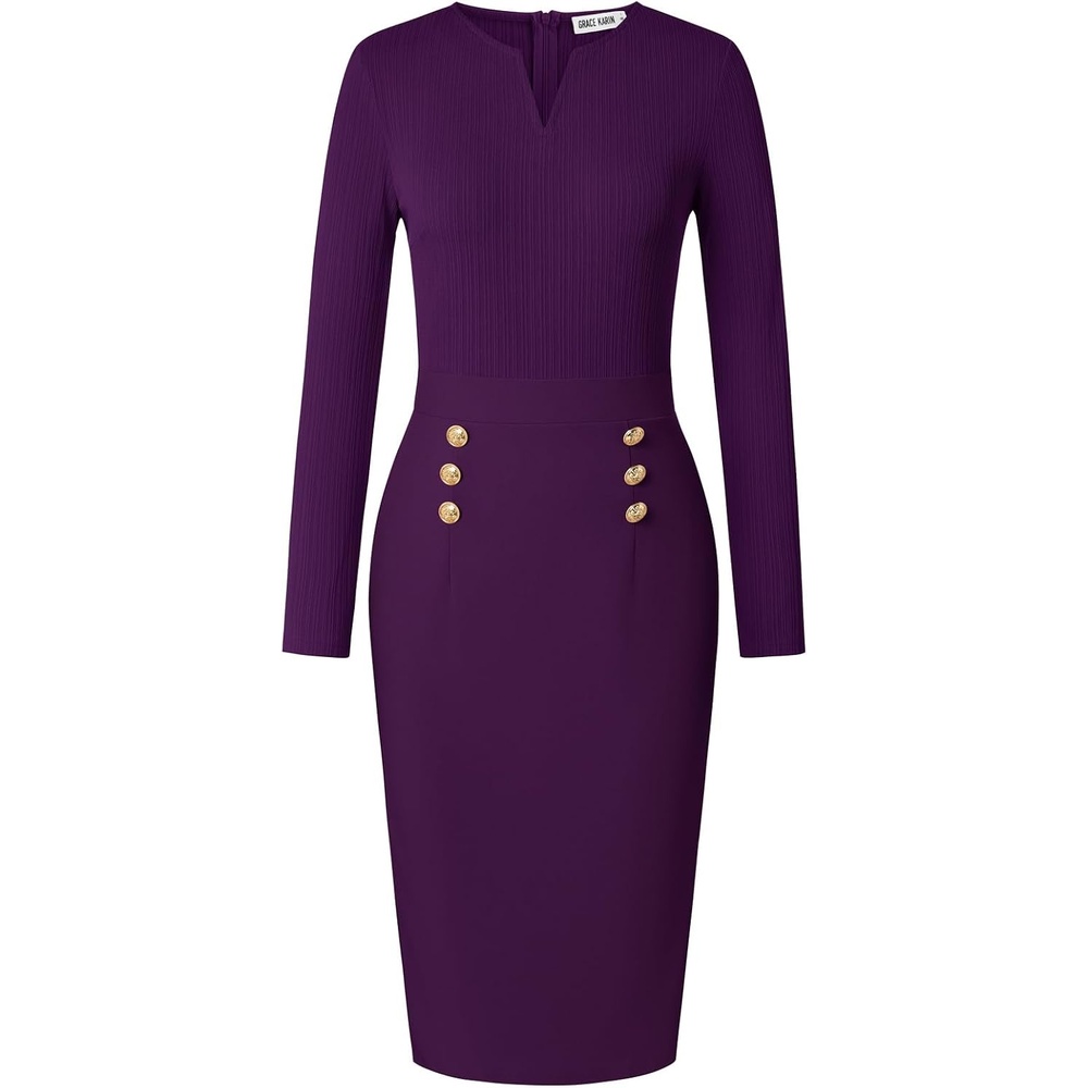 image:imageGRACE KARIN Womens 2026 Fall Long Sleeve Work Midi DressDark Purple