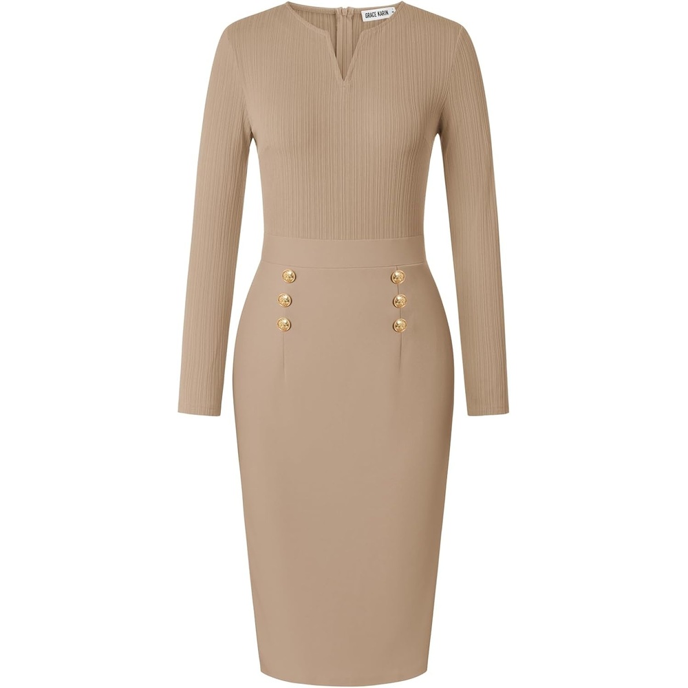 image:imageGRACE KARIN Womens 2026 Fall Long Sleeve Work Midi DressKhaki