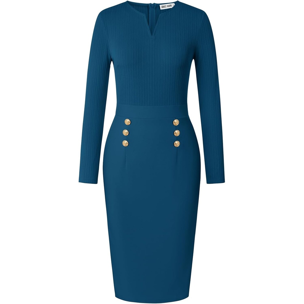 image:imageGRACE KARIN Womens 2026 Fall Long Sleeve Work Midi DressPeacock Blue