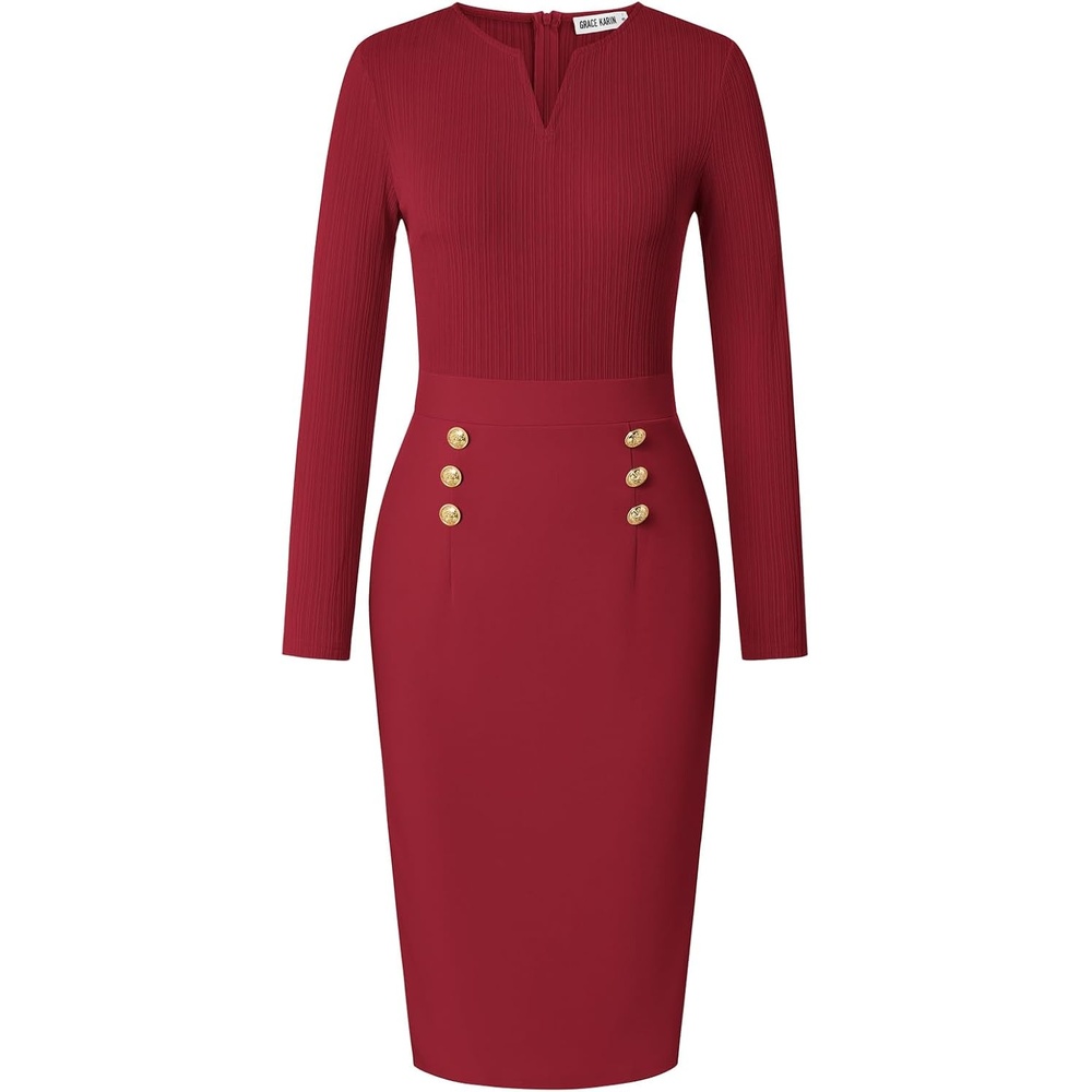 image:imageGRACE KARIN Womens 2026 Fall Long Sleeve Work Midi DressRed