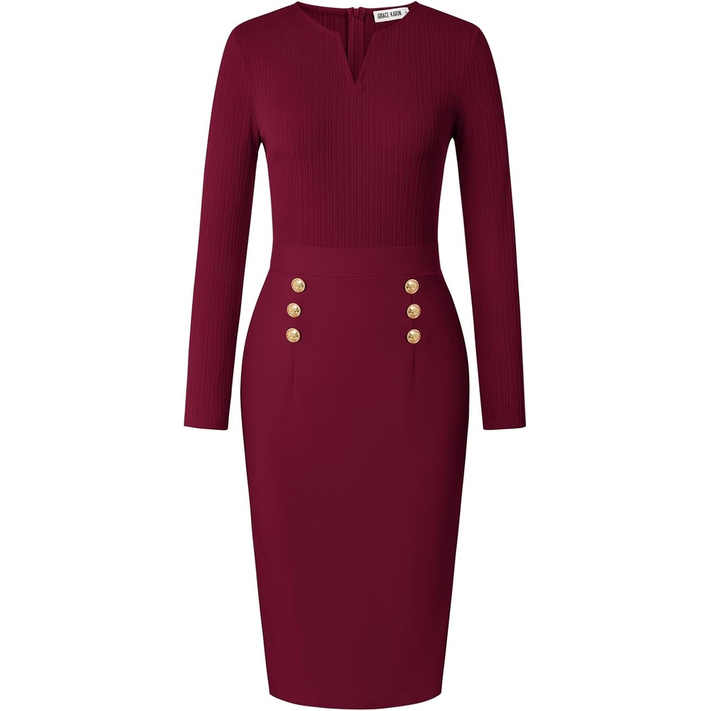 image:imageGRACE KARIN Womens 2026 Fall Long Sleeve Work Midi DressWine Red