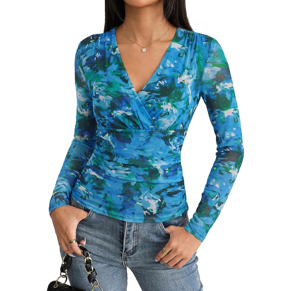 image:imageGRACE KARIN Womens Boho Mesh Tops Long Sleeve Blouses Dressy CasualBlue Green