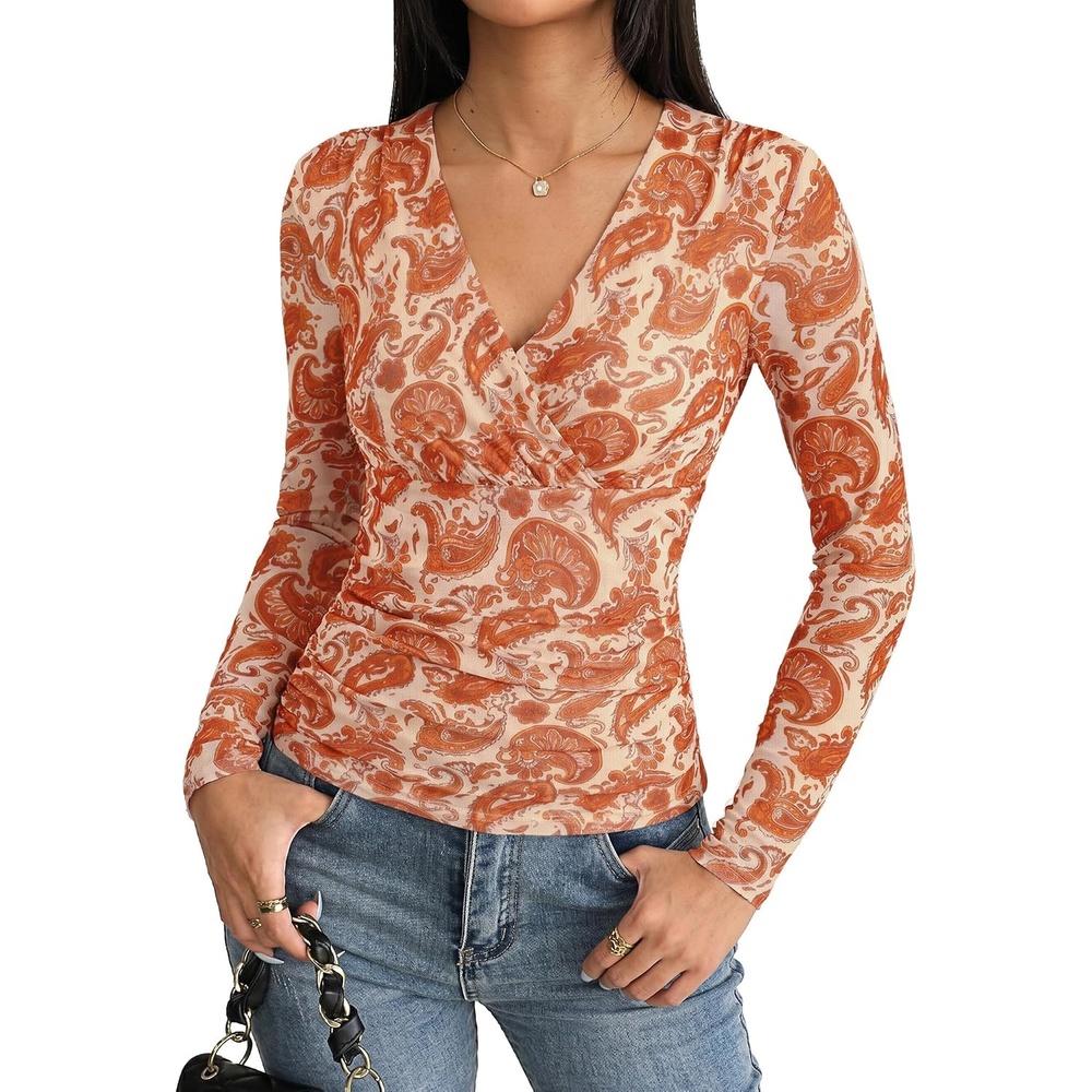 image:imageGRACE KARIN Womens Boho Mesh Tops Long Sleeve Blouses Dressy CasualOrange