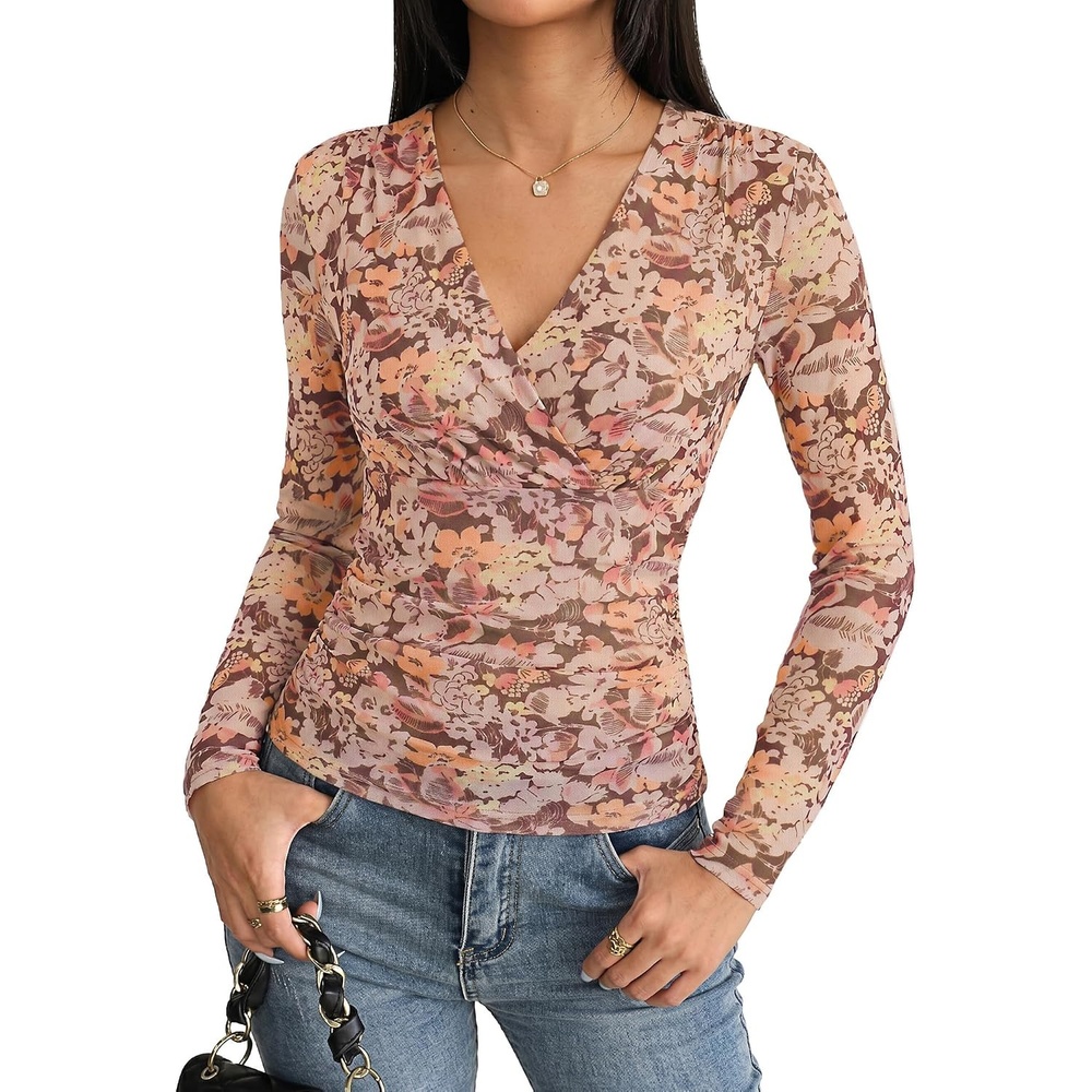 image:imageGRACE KARIN Womens Boho Mesh Tops Long Sleeve Blouses Dressy CasualPink Brown