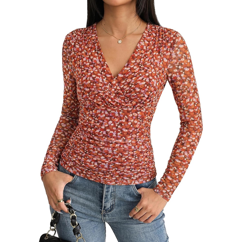 image:imageGRACE KARIN Womens Boho Mesh Tops Long Sleeve Blouses Dressy CasualRed Brown