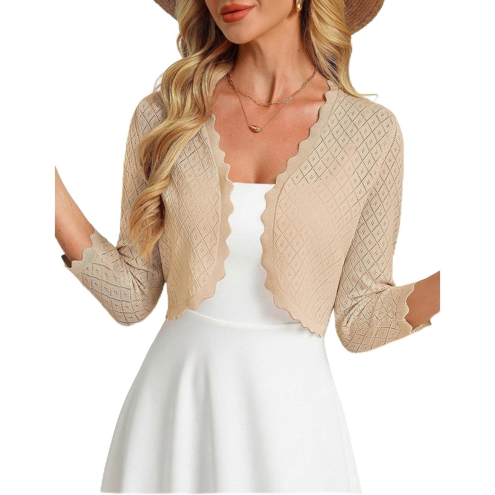 image:imageGRACE KARIN Womens Bolero Shrug 34 Sleeve Crochet Cropped Cardigan Open Front Knit Shrugs for DressesApricot