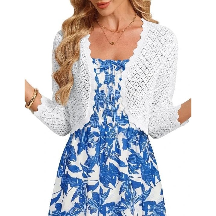 image:imageGRACE KARIN Womens Bolero Shrug 34 Sleeve Crochet Cropped Cardigan Open Front Knit Shrugs for DressesBright White