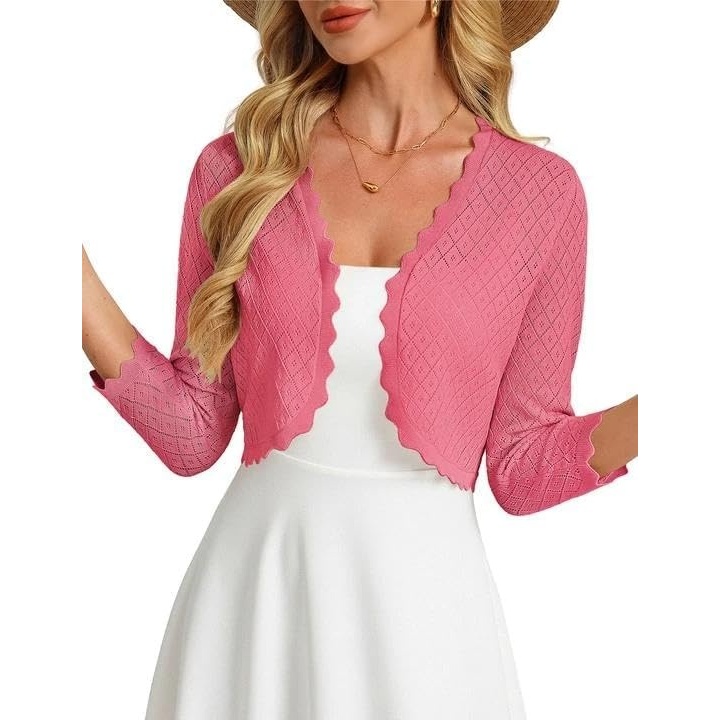 image:imageGRACE KARIN Womens Bolero Shrug 34 Sleeve Crochet Cropped Cardigan Open Front Knit Shrugs for DressesHot Pink
