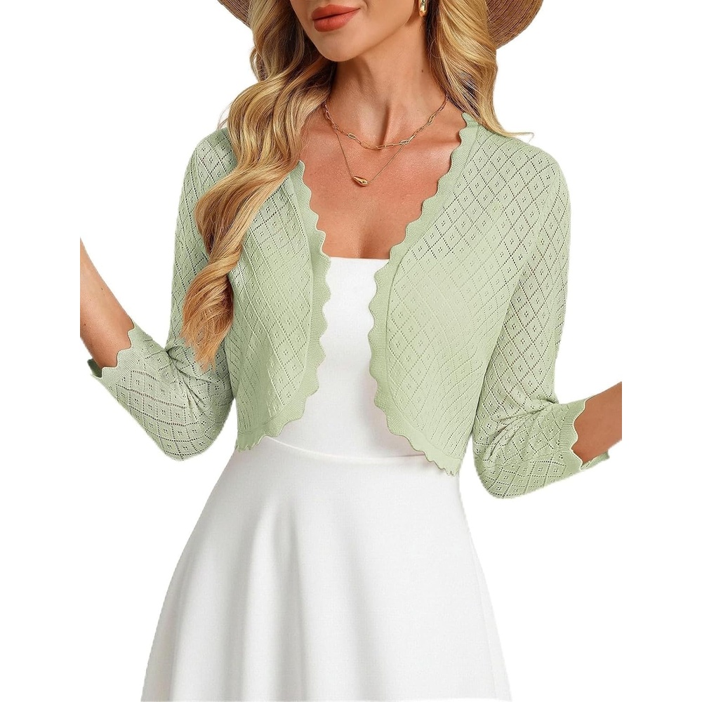 image:imageGRACE KARIN Womens Bolero Shrug 34 Sleeve Crochet Cropped Cardigan Open Front Knit Shrugs for DressesLight Green