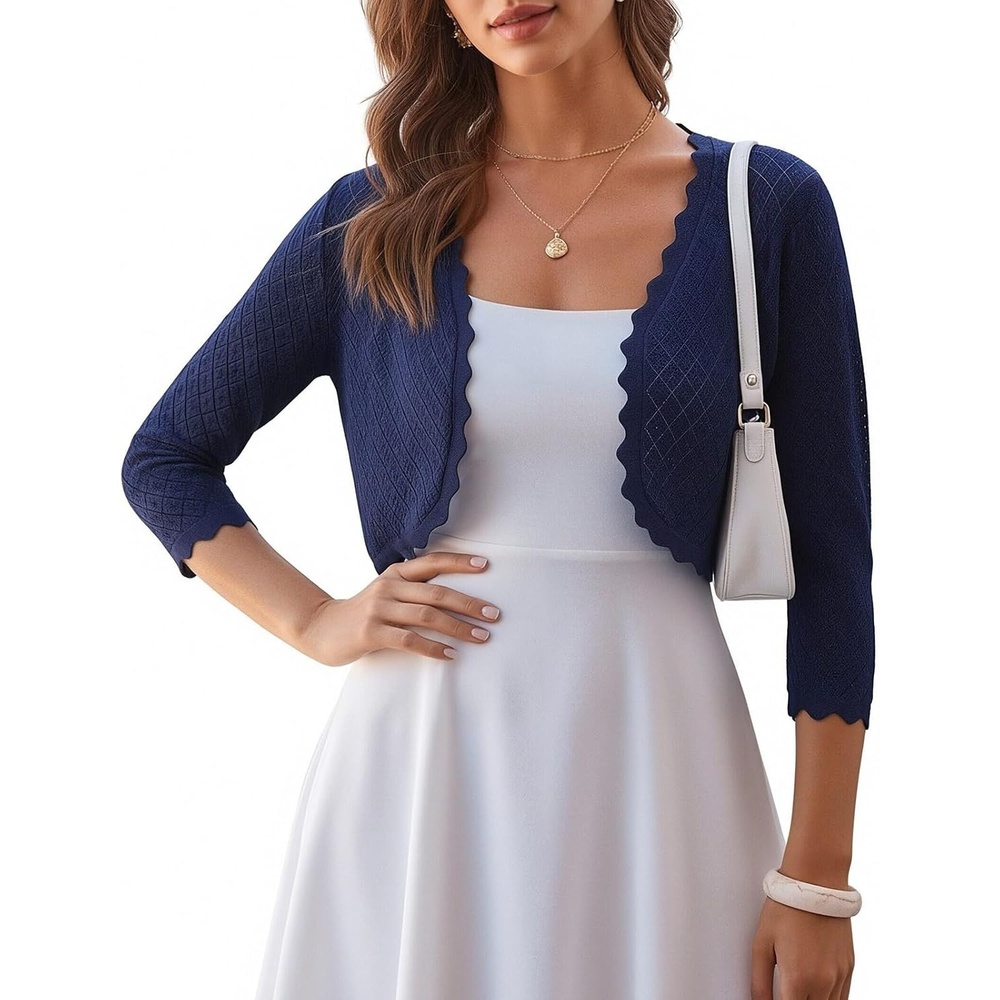 image:imageGRACE KARIN Womens Bolero Shrug 34 Sleeve Crochet Cropped Cardigan Open Front Knit Shrugs for DressesNavy Blue