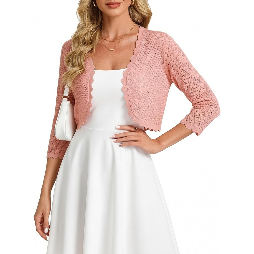 image:imageGRACE KARIN Womens Bolero Shrug 34 Sleeve Crochet Cropped Cardigan Open Front Knit Shrugs for DressesPink