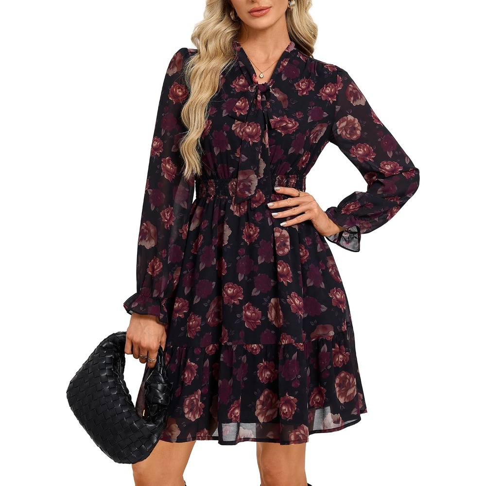 image:imageGRACE KARIN Womens Casual Long Sleeve Chiffon Floral Mini Fall DressesBlack Red
