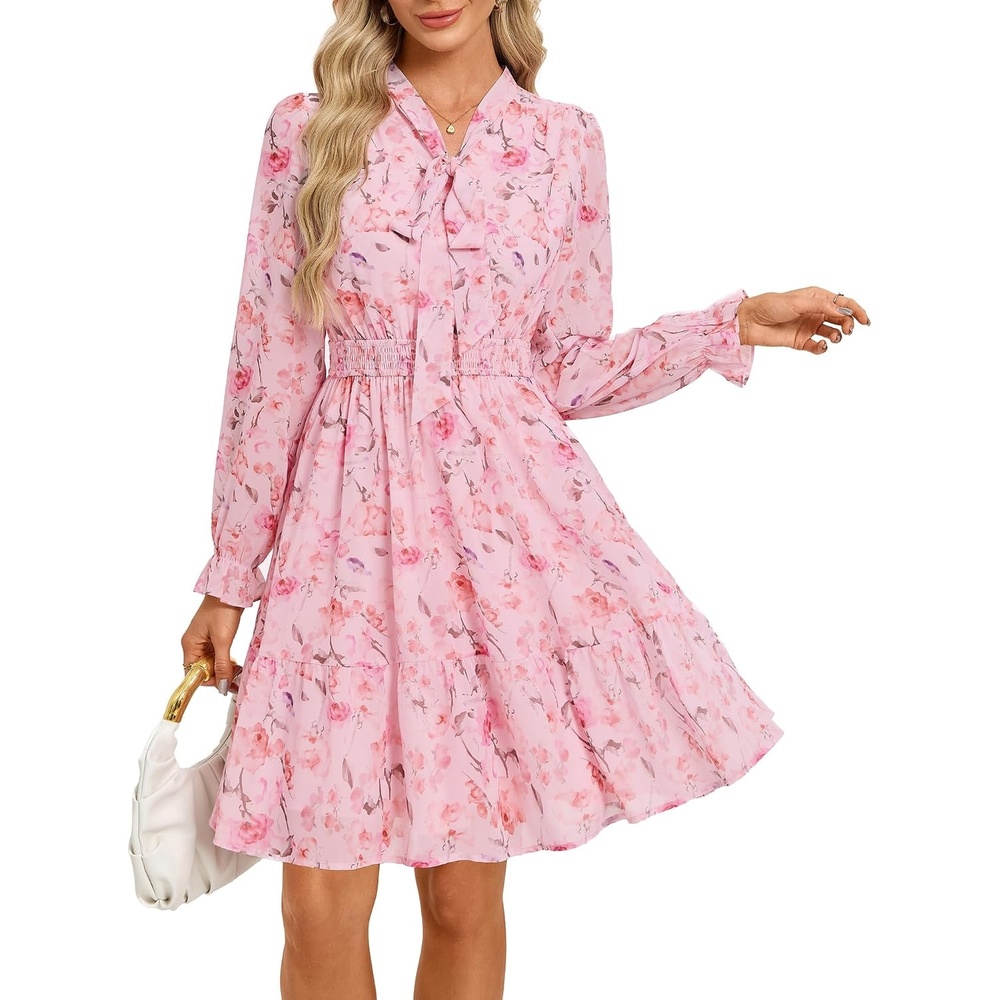 image:imageGRACE KARIN Womens Casual Long Sleeve Chiffon Floral Mini Fall DressesPink Floral