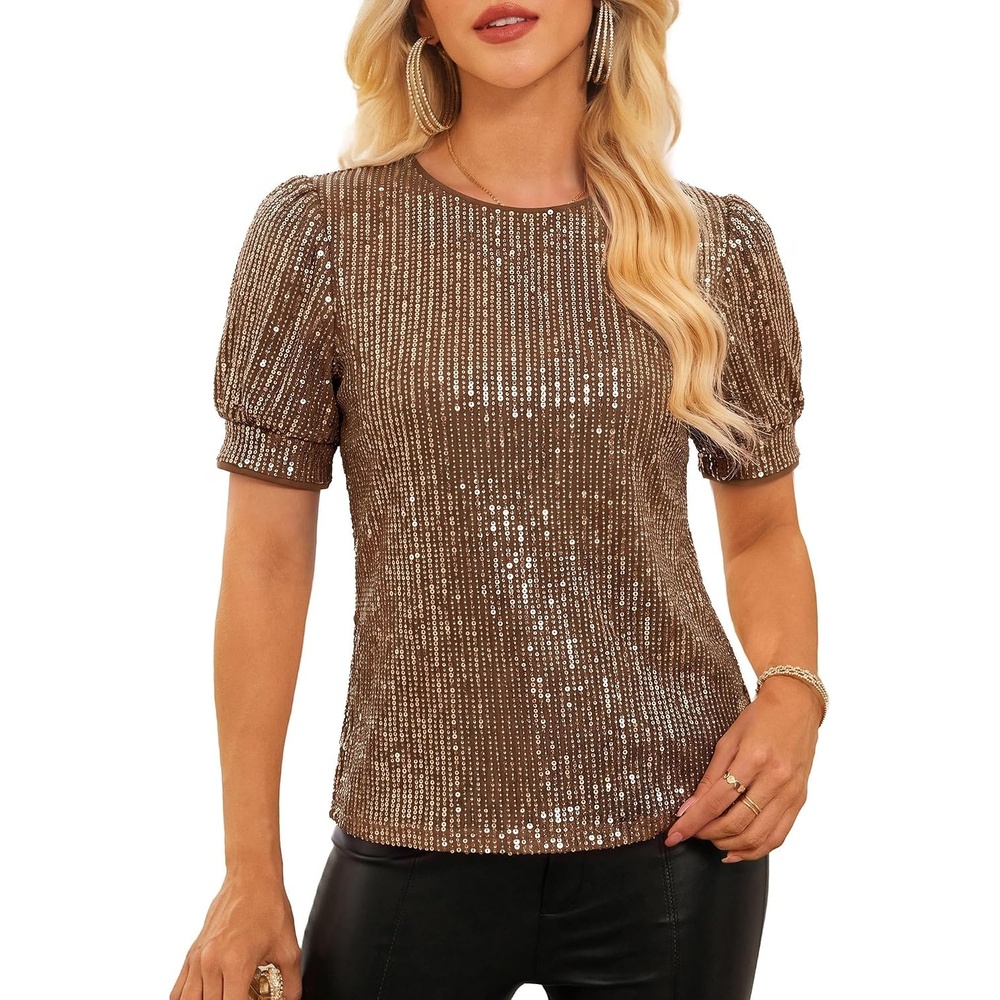 image:imageGRACE KARIN Womens Full Sequin Tops Sparkle Glitter Blouses Lantern Short Sleeve Shirts Dressy Party Concert OutfitsBrown