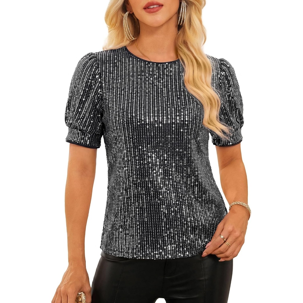 image:imageGRACE KARIN Womens Full Sequin Tops Sparkle Glitter Blouses Lantern Short Sleeve Shirts Dressy Party Concert OutfitsDark Gray