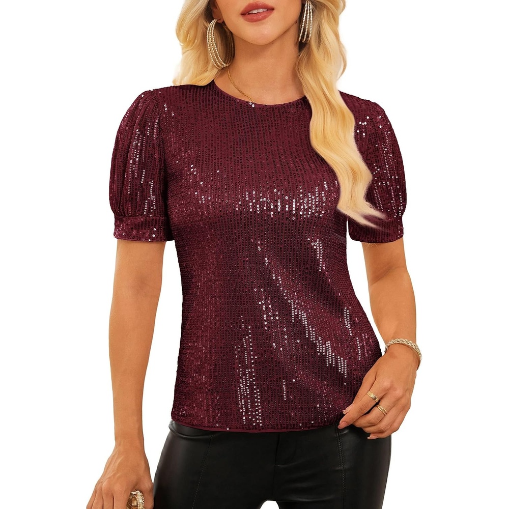 image:imageGRACE KARIN Womens Full Sequin Tops Sparkle Glitter Blouses Lantern Short Sleeve Shirts Dressy Party Concert OutfitsWine