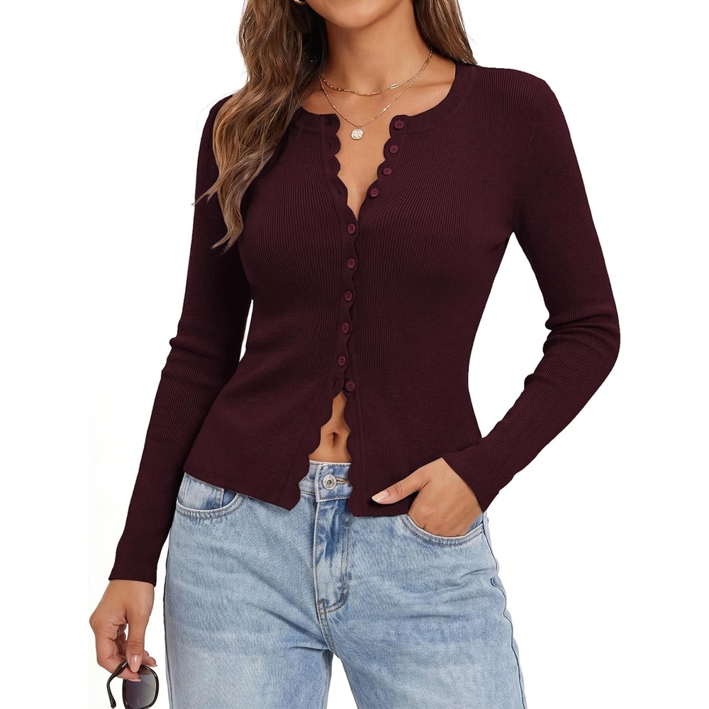 image:imageGRACE KARIN Womens Lightweight Cardigan Sweaters Cropped Button Up Scalloped Fall Outfits for Women 2026Wine Red