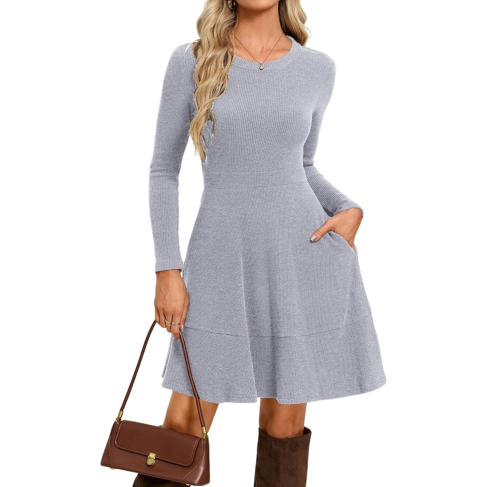 image:imageGRACE KARIN Womens Long Sleeve Ribbed Knit Mini Sweater Dress with PocketsLight Gray Blue