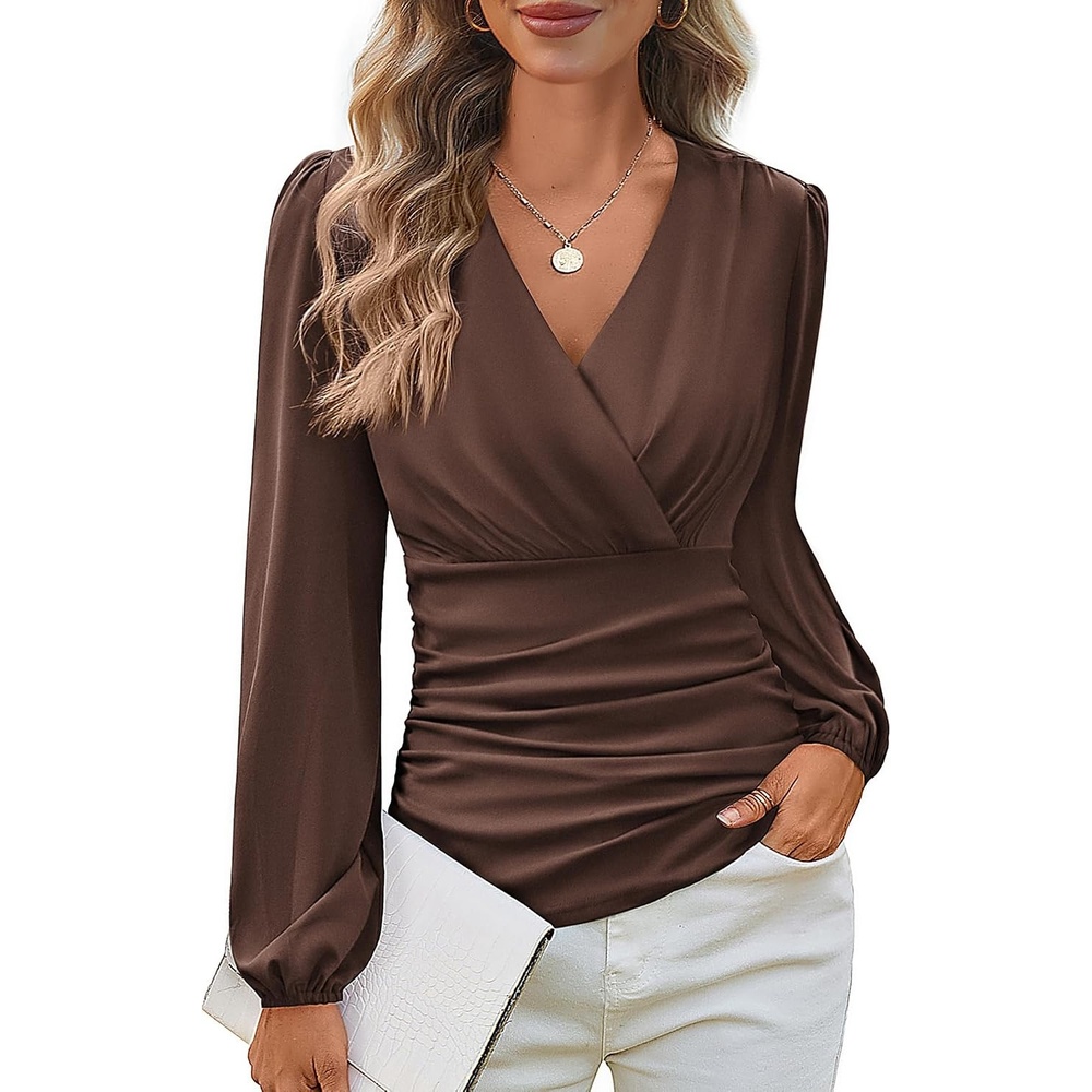 image:imageGRACE KARIN Womens Long Sleeve Tops Dressy Casual Wrap Fall BlousesCoffee