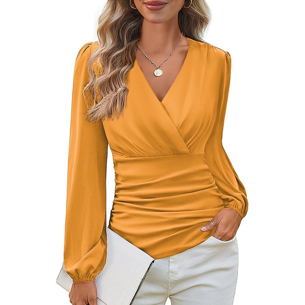 image:imageGRACE KARIN Womens Long Sleeve Tops Dressy Casual Wrap Fall BlousesMustard Yellow