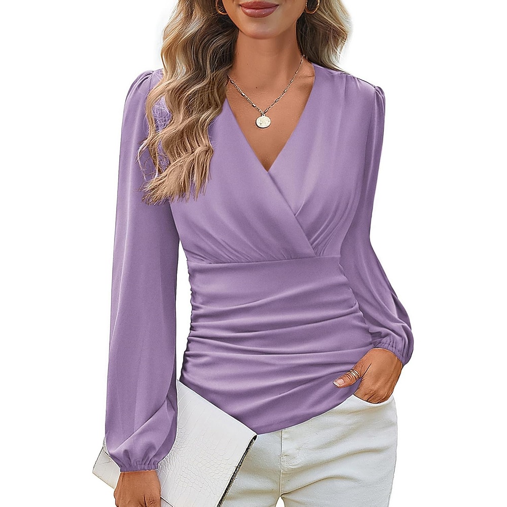image:imageGRACE KARIN Womens Long Sleeve Tops Dressy Casual Wrap Fall BlousesPink Purple