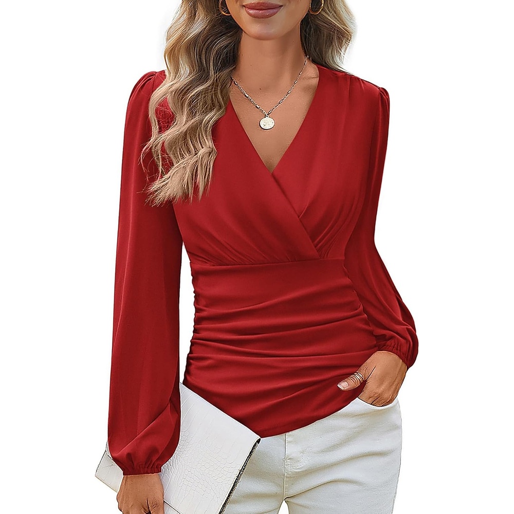 image:imageGRACE KARIN Womens Long Sleeve Tops Dressy Casual Wrap Fall BlousesRed