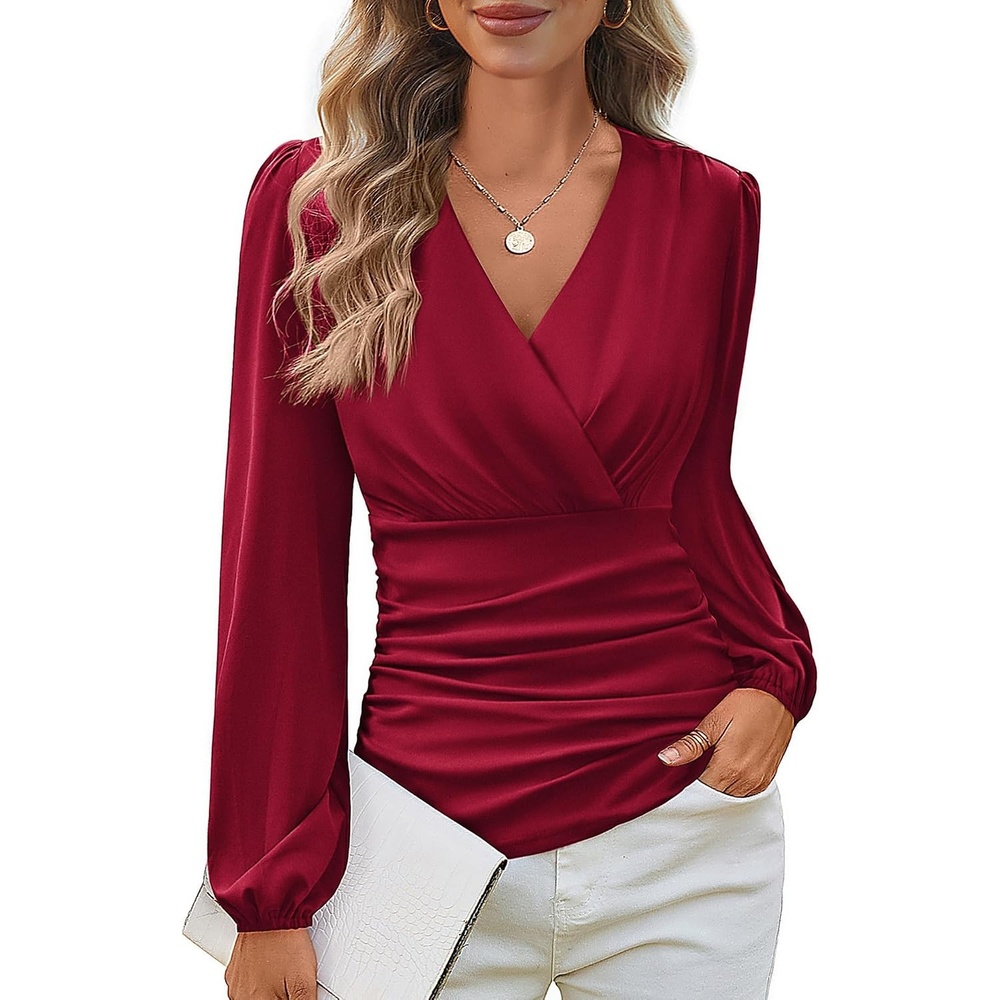 image:imageGRACE KARIN Womens Long Sleeve Tops Dressy Casual Wrap Fall BlousesWine Red