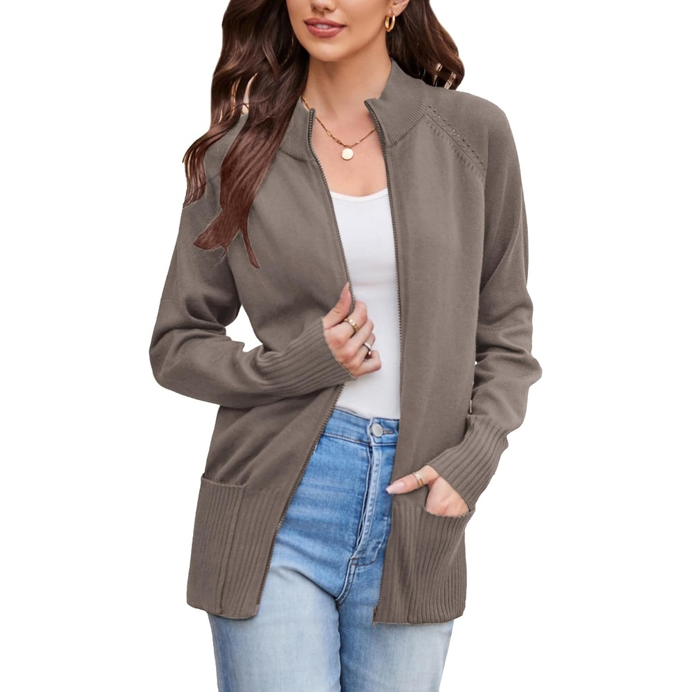 image:imageGRACE KARIN Womens Long Sleeve Zip Up Knit Cardigan with Pockets Stand Collar Full Zip Sweater Coats Trendy Fall JacketsGrey Khaki