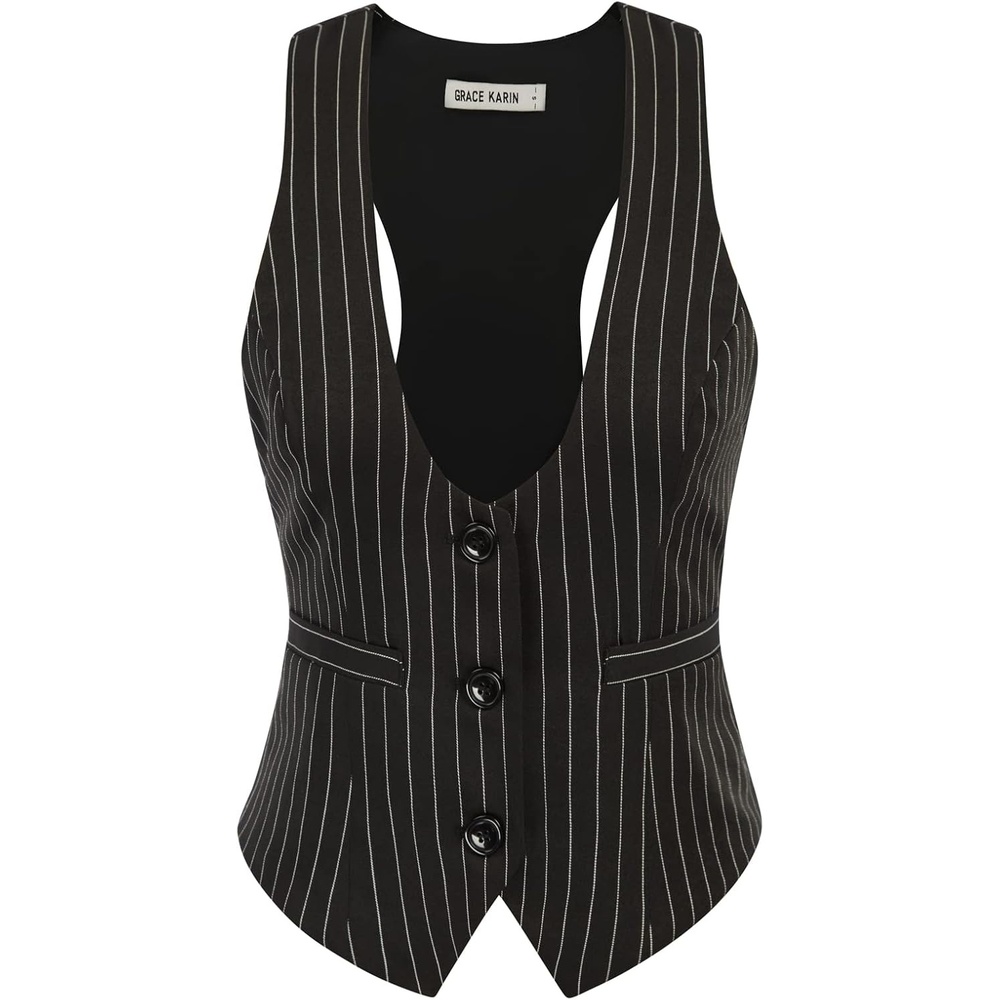 image:imageGRACE KARIN Womens Suit Vest Top Dressy Casual Sleeveless Button Waistcoat Fromal Steampunk Blazer for Work OfficeBlack Stripes