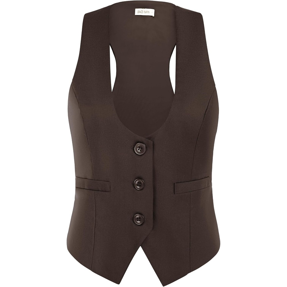 image:imageGRACE KARIN Womens Suit Vest Top Dressy Casual Sleeveless Button Waistcoat Fromal Steampunk Blazer for Work OfficeChocolate Brown