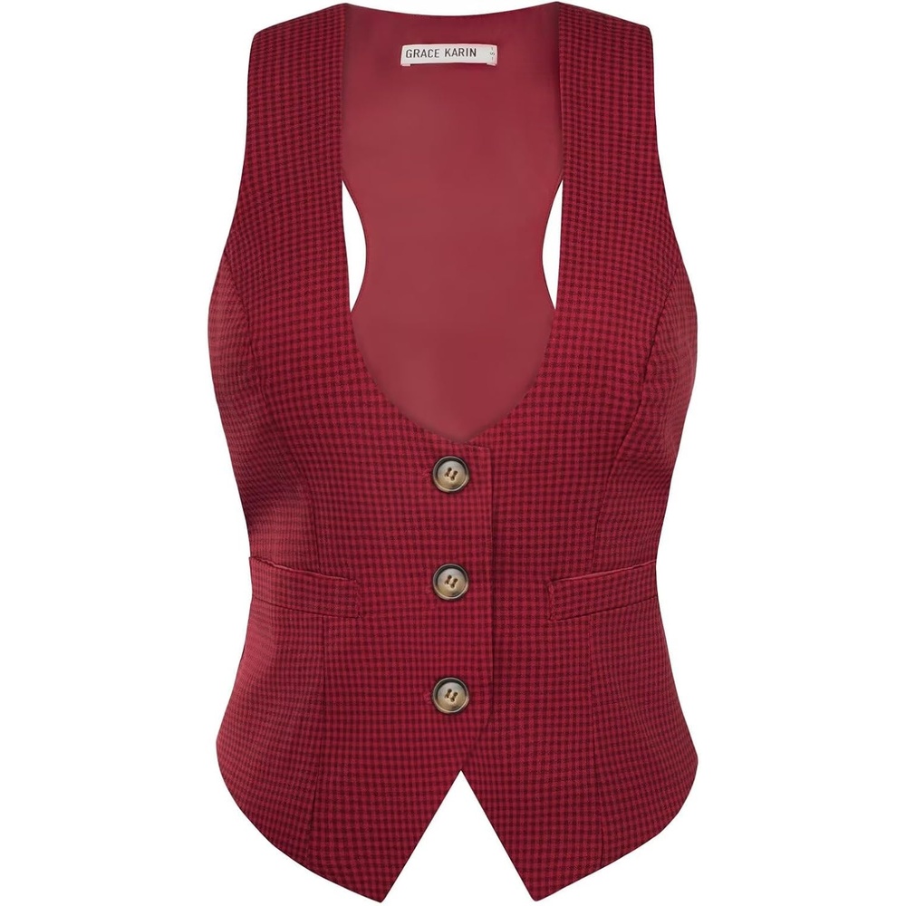 image:imageGRACE KARIN Womens Suit Vest Top Dressy Casual Sleeveless Button Waistcoat Fromal Steampunk Blazer for Work OfficeDeep Red