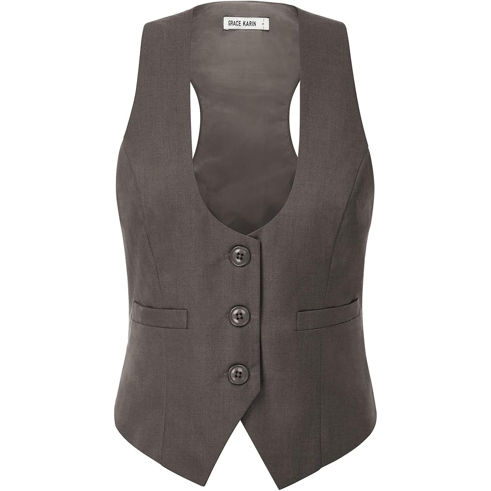 image:imageGRACE KARIN Womens Suit Vest Top Dressy Casual Sleeveless Button Waistcoat Fromal Steampunk Blazer for Work OfficeGray Brown