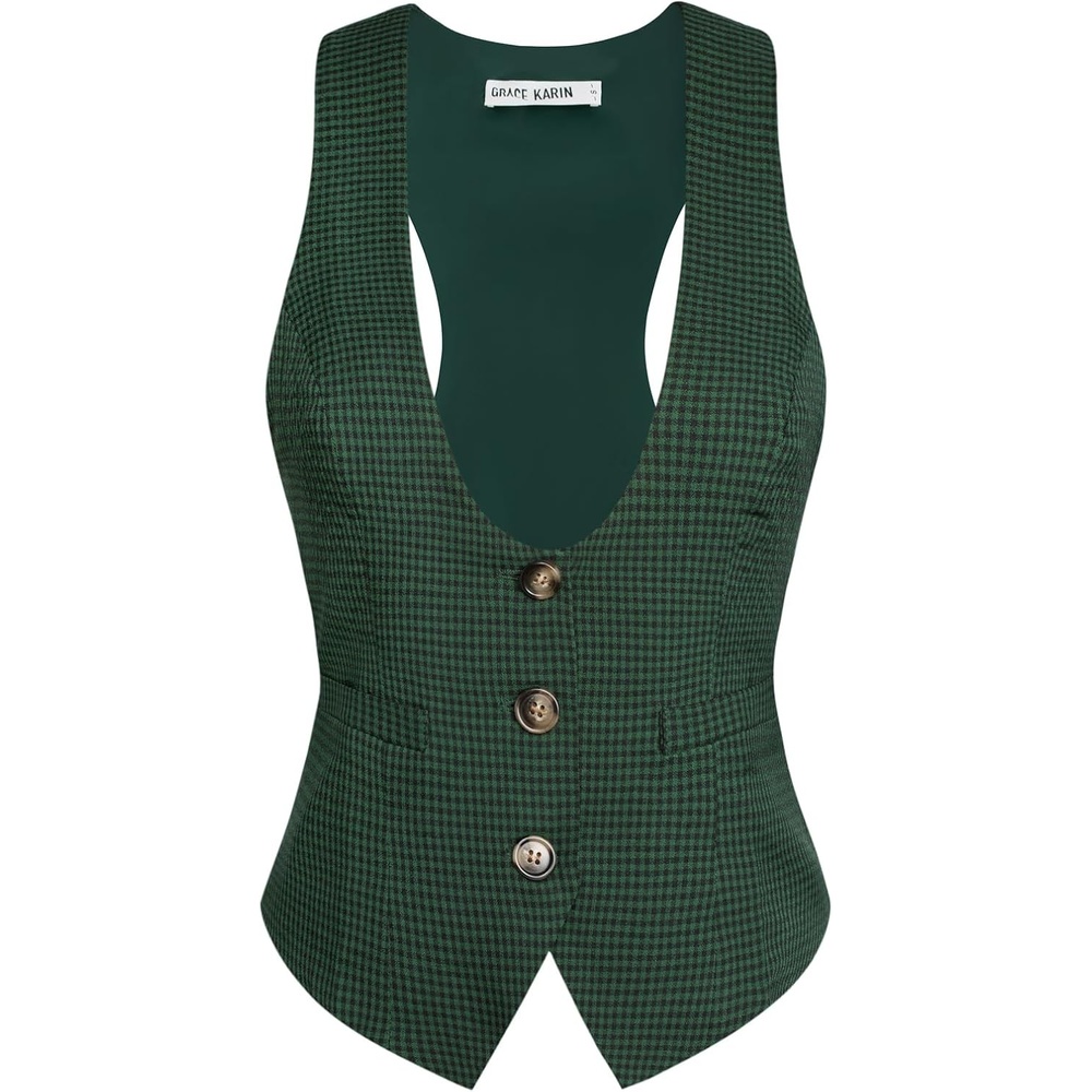 image:imageGRACE KARIN Womens Suit Vest Top Dressy Casual Sleeveless Button Waistcoat Fromal Steampunk Blazer for Work OfficeGreen Plaid