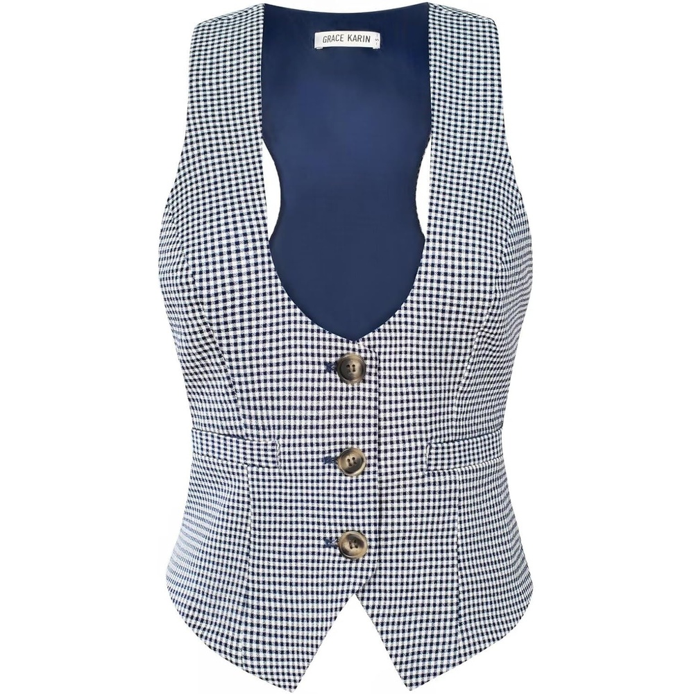 image:imageGRACE KARIN Womens Suit Vest Top Dressy Casual Sleeveless Button Waistcoat Fromal Steampunk Blazer for Work OfficeNavy White