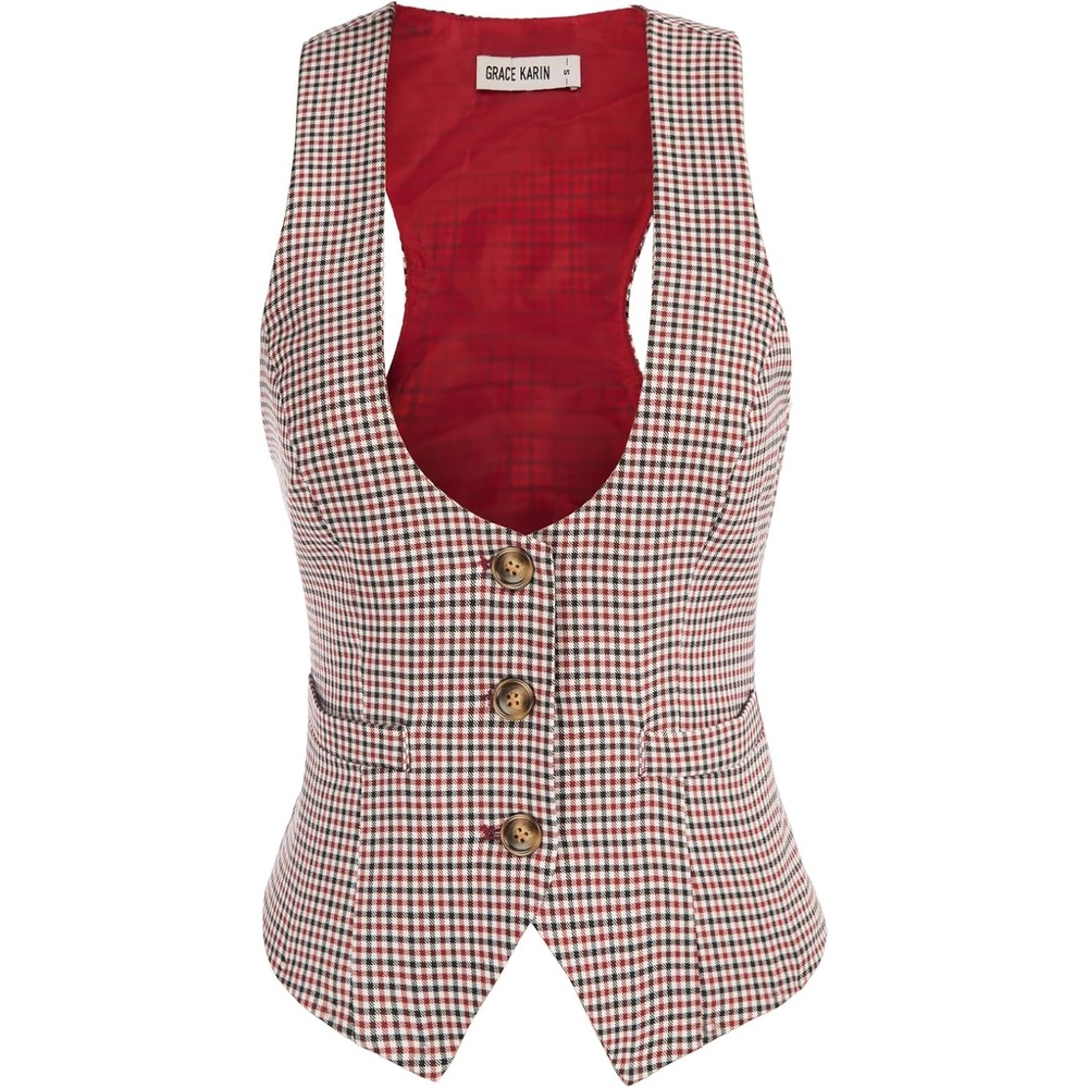image:imageGRACE KARIN Womens Suit Vest Top Dressy Casual Sleeveless Button Waistcoat Fromal Steampunk Blazer for Work OfficePlaid Red