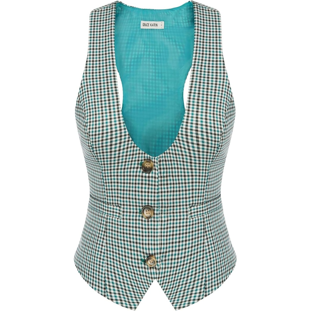 image:imageGRACE KARIN Womens Suit Vest Top Dressy Casual Sleeveless Button Waistcoat Fromal Steampunk Blazer for Work OfficePlaid Teal
