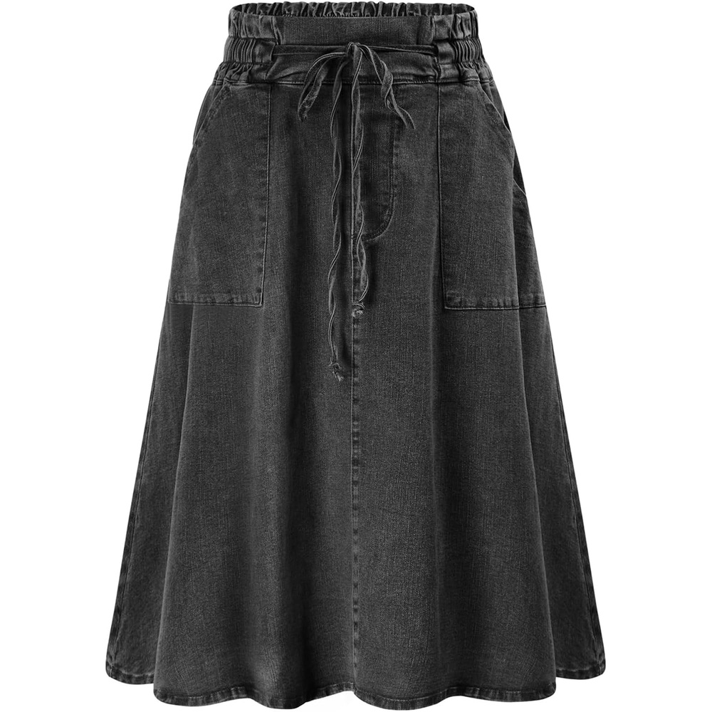 image:imageKANCY KOLE Women Casual Denim Skirts Frill Tie Waist ALine Midi Jean Skirt with Pockets SXXLBlack