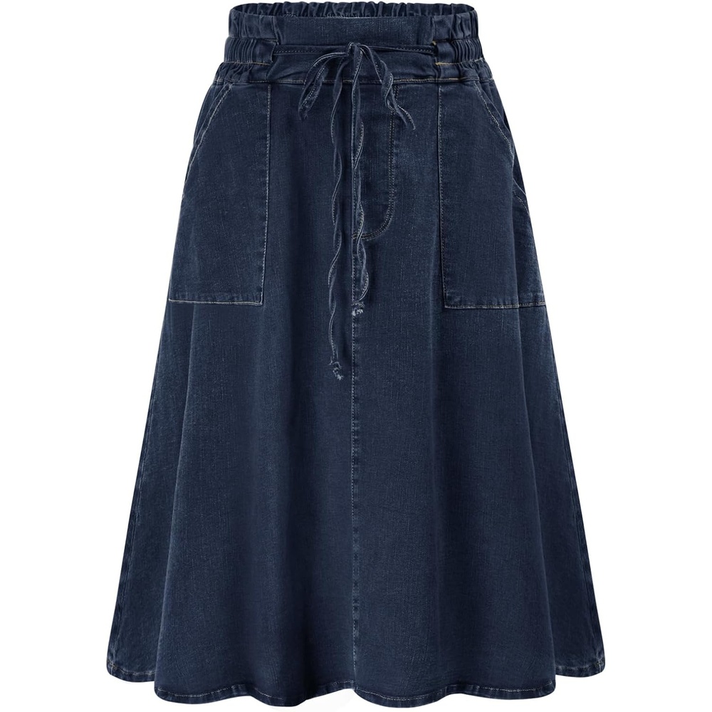 image:imageKANCY KOLE Women Casual Denim Skirts Frill Tie Waist ALine Midi Jean Skirt with Pockets SXXLDark Blue