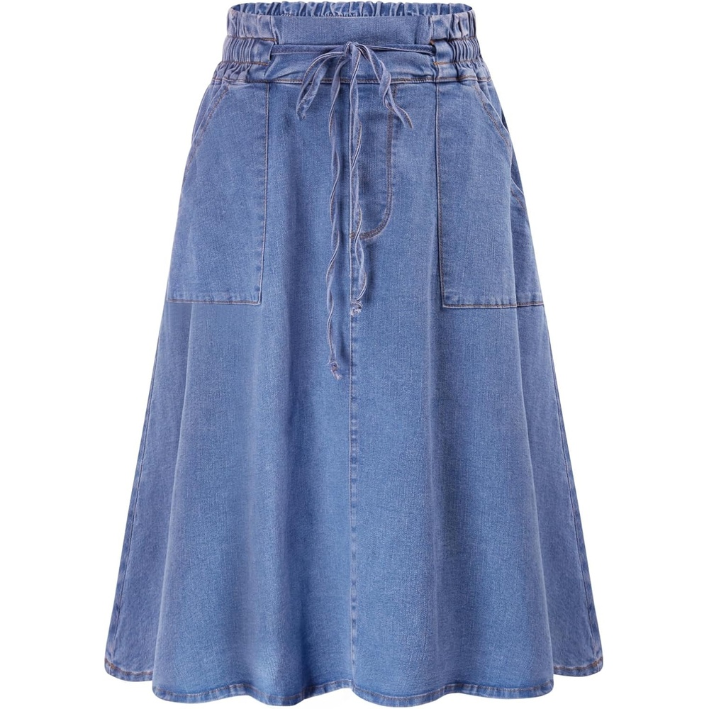 image:imageKANCY KOLE Women Casual Denim Skirts Frill Tie Waist ALine Midi Jean Skirt with Pockets SXXLLight Blue