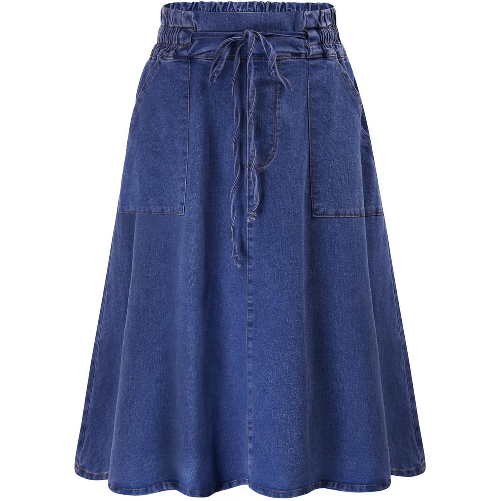 image:imageKANCY KOLE Women Casual Denim Skirts Frill Tie Waist ALine Midi Jean Skirt with Pockets SXXLMedium Blue