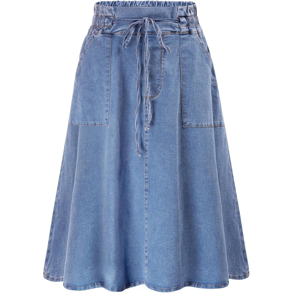 image:imageKANCY KOLE Women Casual Denim Skirts Frill Tie Waist ALine Midi Jean Skirt with Pockets SXXLWash Blue