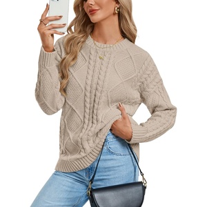 GRACE KARIN Cable Knit Sweater Women Crewneck Pullover Tops(Apricot)